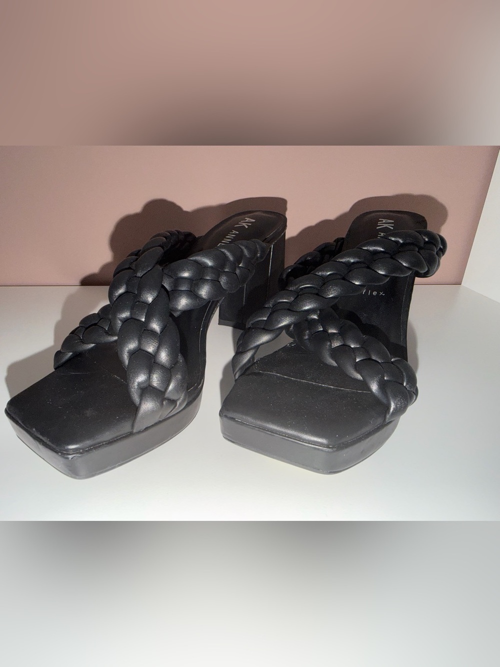 Anne Klein Black Braided Square-Toe Block Heel Mules
